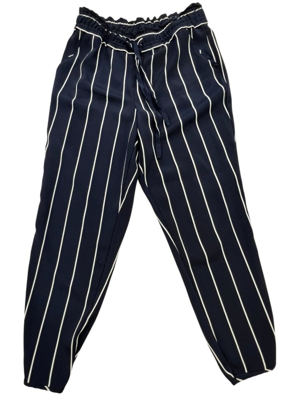 Zara Women's Paperbag Cropped Pants Drawstring Waist Size M Blue White Stripe